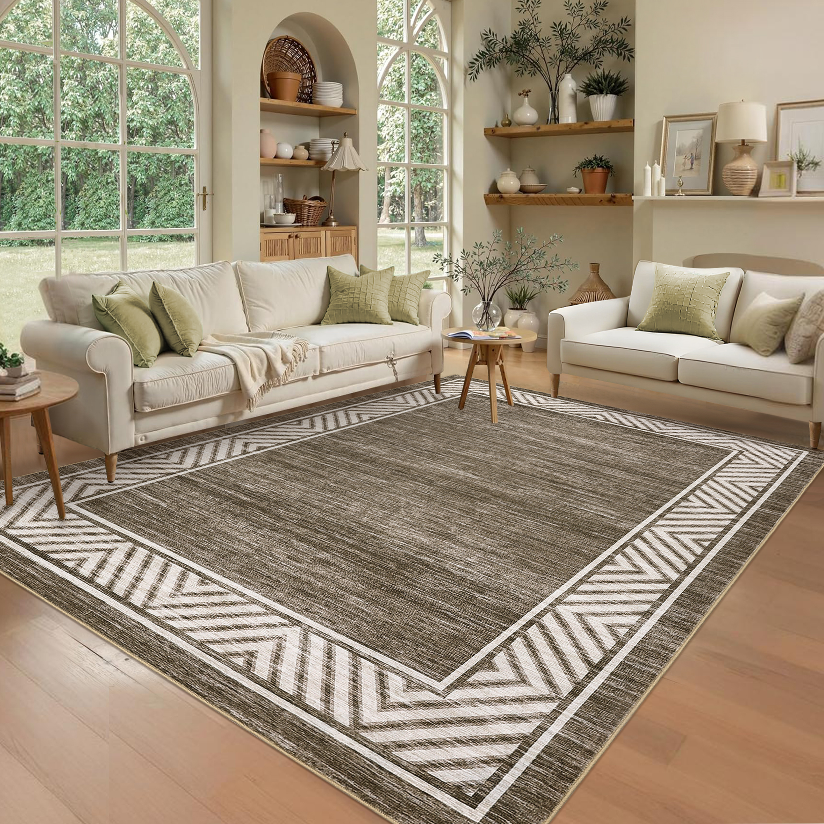 Garvee 10'x13' Geometric Bordered Area Rug Living Room Carpet, Washable Rug Non-Slip Non-Shedding Low Pile Floor Mats for Bedroom Home Office, Brown