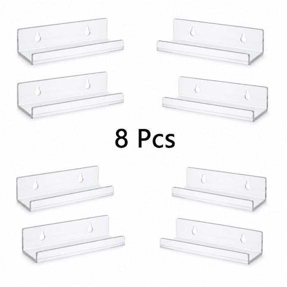4 Inch Clear Acrylic Floating Wall Shelves, 8 Pcs Multi-Purpose Wall Mount Display Ledges for Books, Small Collectibles and Decor