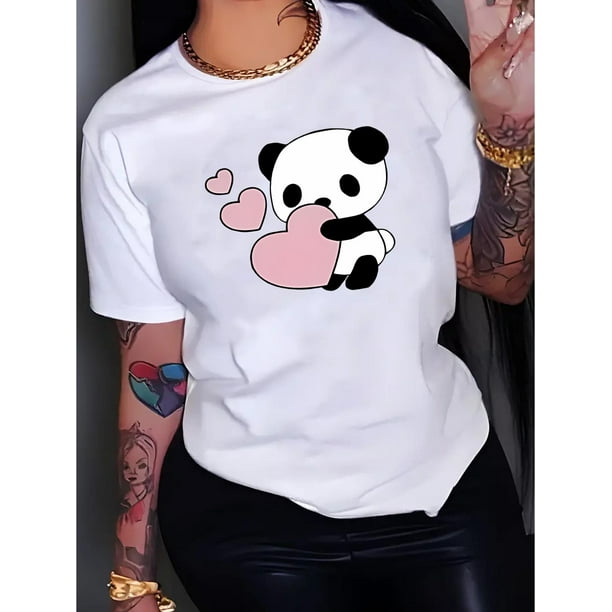 Women'S Cute Panda Print T-Shirt - Casual Crew Neck Polyester Knit Tee with Medium Stretch, Animal Pattern, All Season Short Sleeve Top