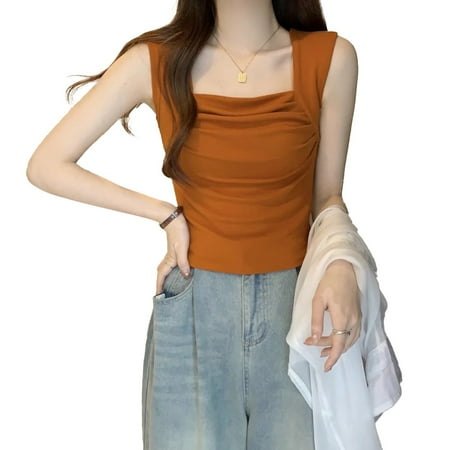

KDJ Premium Pleated Sleeveless Top Elegant Square Neck Slim Fit for Women