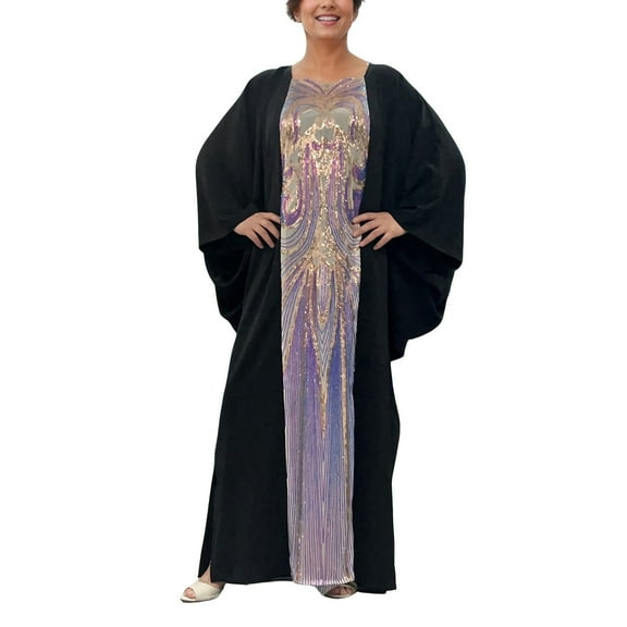 Uootdi Abaya Dress for Women Eid Bat Sleeve Party Dress for Women Sequins Dresses Muslim Gift Abaya Maxi Robe Moroccan Caftan