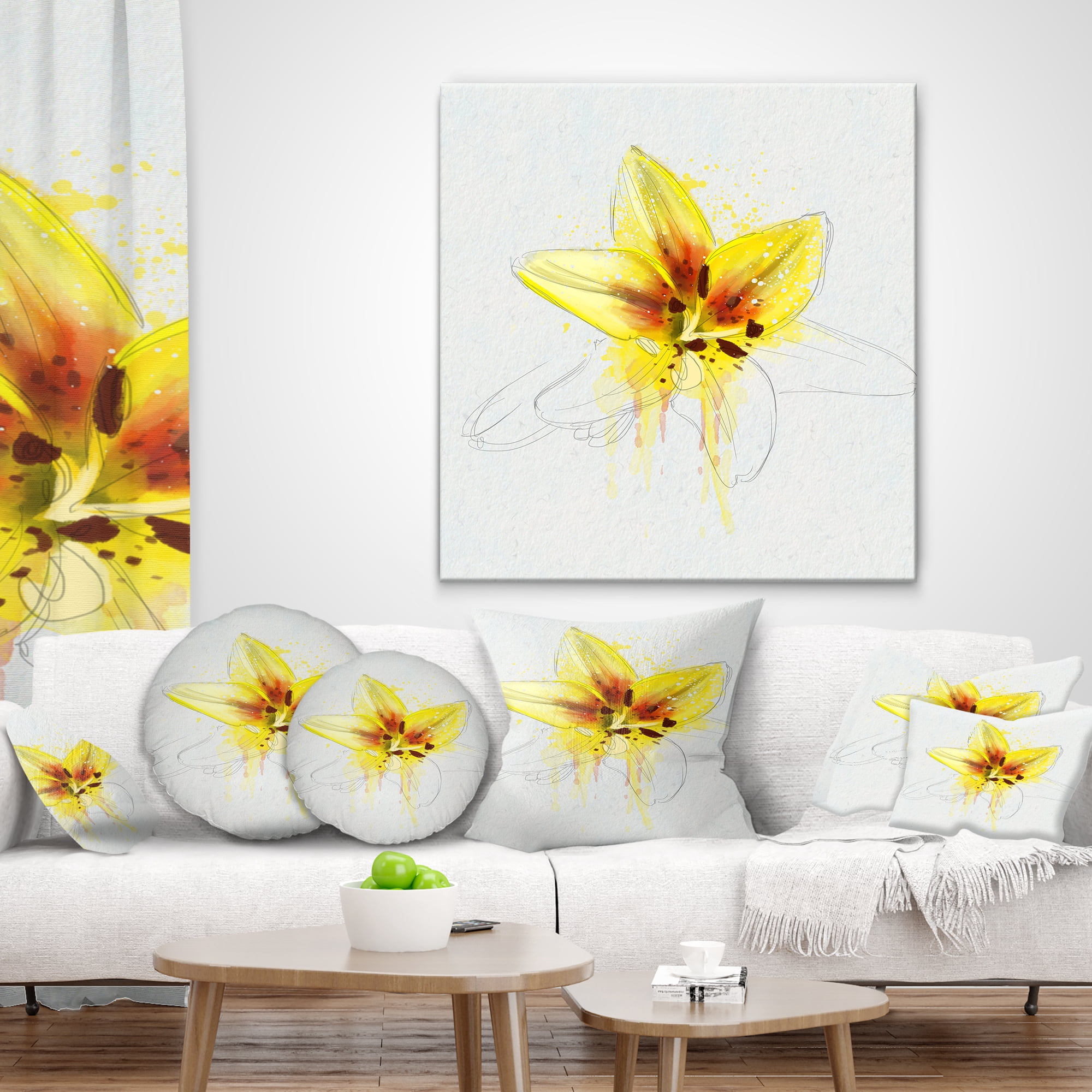 Designart Wonderful Yellow Lily Flower Sketch - Floral Throw Pillow - 12x20