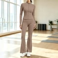 thumbnail image 2 of Women's Solid Two Piece Yoga Tracksuit Zip up Long Sleeve Top and Elastic Waist Flared Pants Stretch Workout Outfit Comfort Sportswear for Gym and Daily Casual Wear S-3XL Khaki, 2 of 6