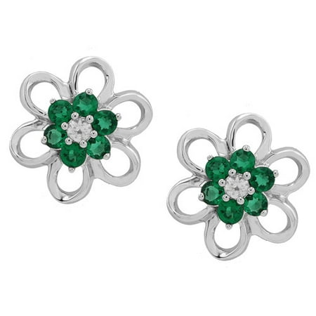 Simulated Emerald and Created White Sapphire Accent Sterling Silver Flower Earrings