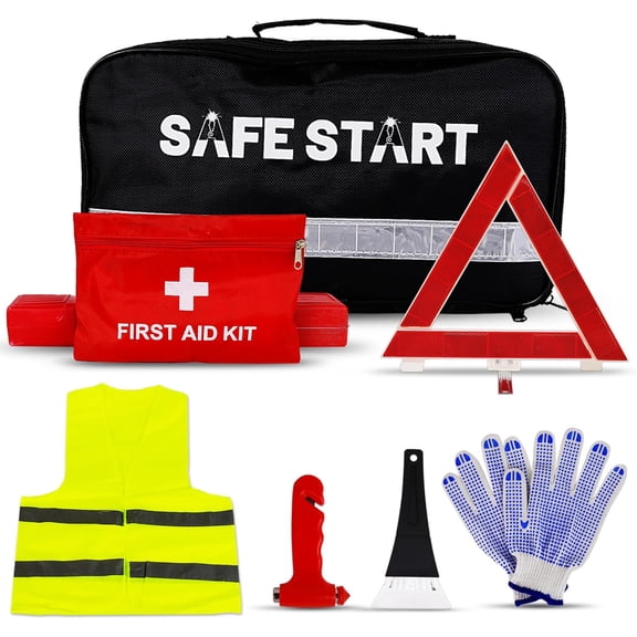 Safe Start Car Emergency Kit - Car Safety Kit with First Aid, Safety Hammer, Reflectors, Gloves, Ice Shovel - Compact Roadside Tool Kit for Repairs, Snow, Accidents - Protect Your Family on the Road