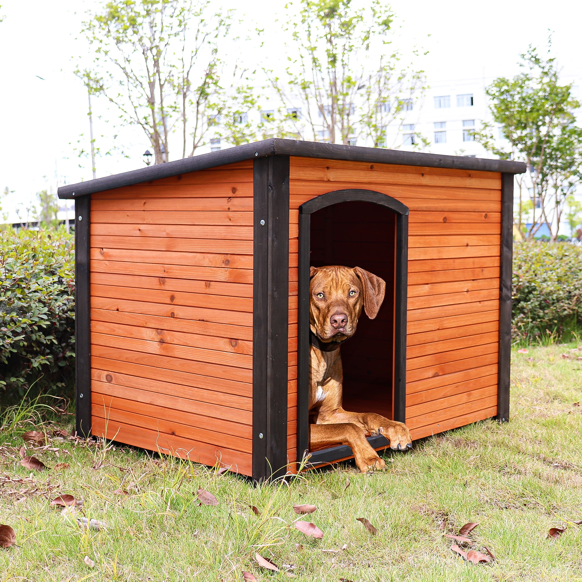 Pefilos 26.4" Width Outdoor Wooden Dog House for Medium Dogs with Raised Feet, Removable Floor Weatherproof Pet Cat House, Gold Pefilos 26.4" Width Outdoor Wooden Dog House for Medium Dogs with Raised Feet, Removable Floor Weatherproof Pet Cat House, Gold