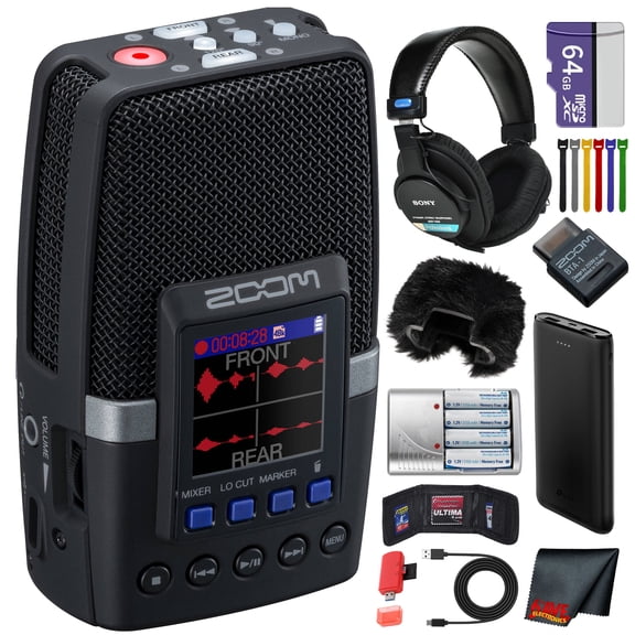 Zoom H2essential Multi-Mic 32-Bit Float Handy Recorder Bundle With Windscreen for H2E   BTA-1 Bluetooth Adapter   Professional Stereo Headphones   64GB Memory Card   4xAA Battery with Charger   More