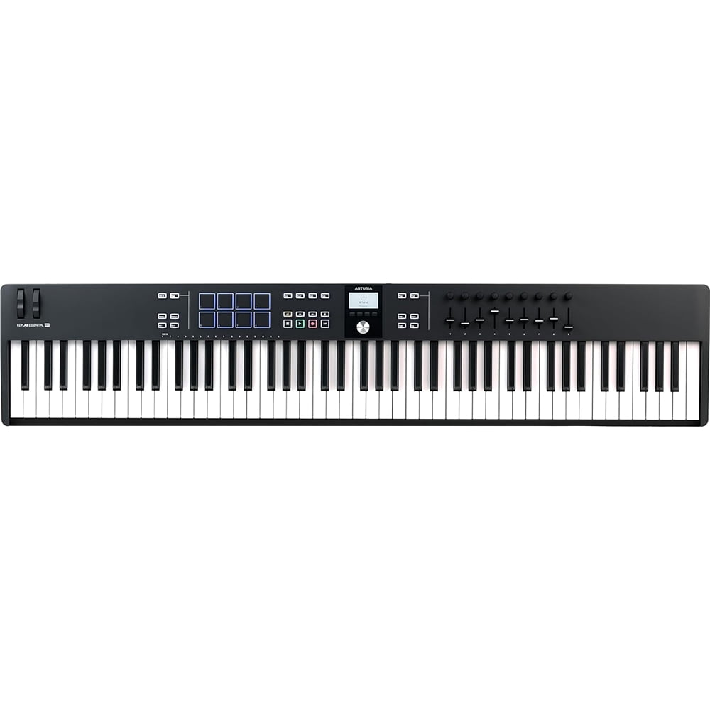 Arturia KeyLab Essential 88 mk3 — 88 key USB MIDI Controller with Software (Black) Bundle with Auray Universal Piano-Style Sustain Pedal, Hosa Black 10' Midi cable and Kaces Keyboard Dust Cover