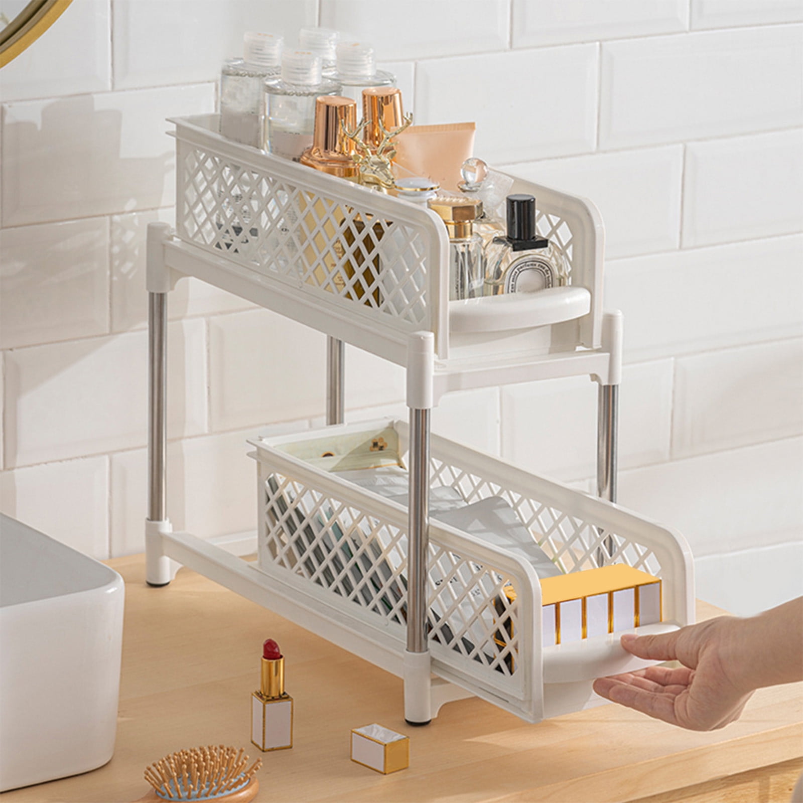 IHXORA under Sink Storage Rack, Pull out Drawer Organizer, Sliding Kitchen Rack for Counter Organization, Laundry Room, Bathroom Cabinet, White, 1 Pc