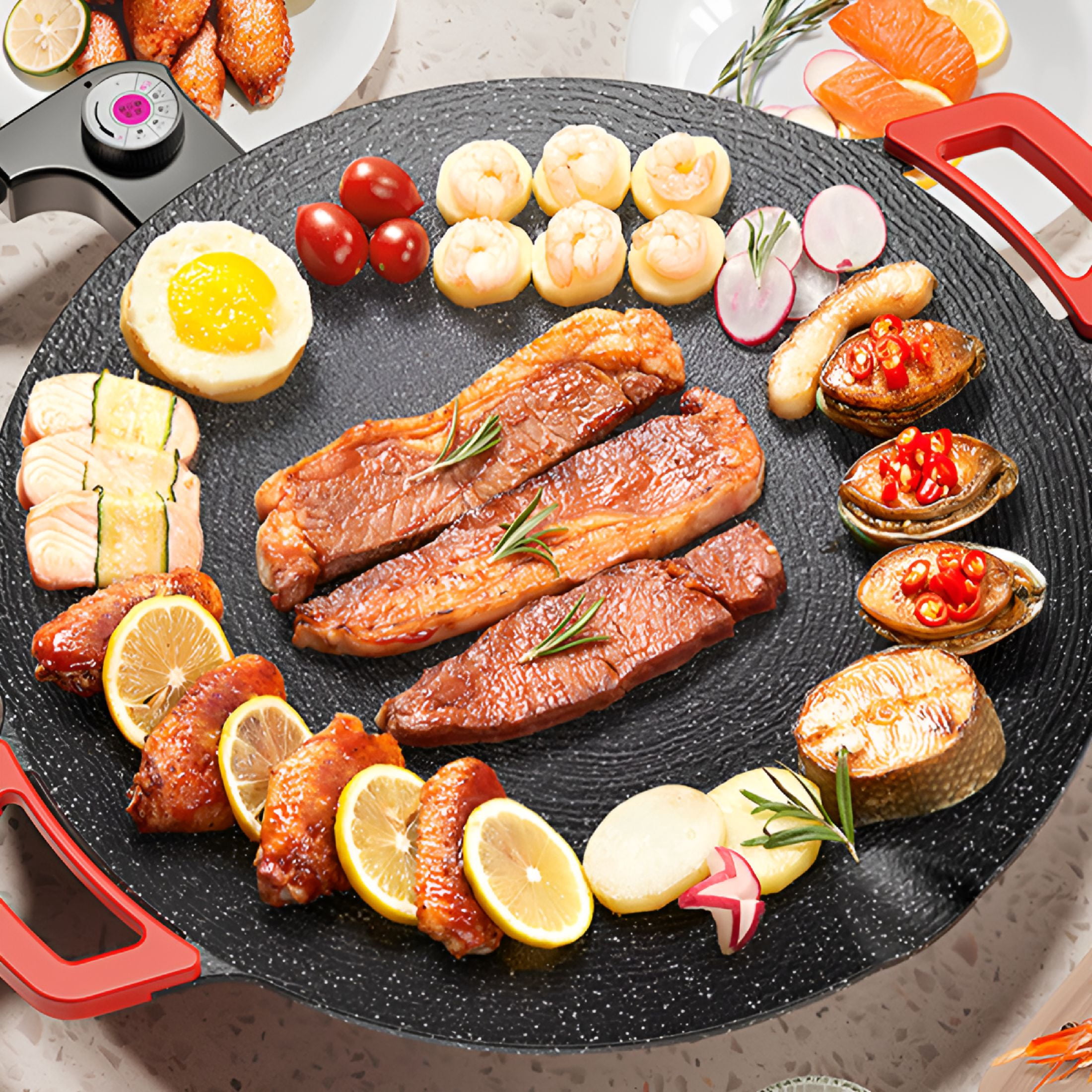 HIBIBUD Korean Household Electric Baking Pan Roast Round Plug Electric Baking Pan Meat Pan Barbecue Oven Non Stick Stone Frying Pan 1350W And 220V