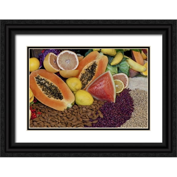 Paulson, Don 32x23 Black Ornate Wood Framed with Double Matting Museum Art Print Titled - Mexico, Tecate Display of fruit, nuts and grains