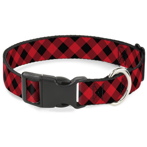 Buckle-Down Pet Collar, Dog Collar Plastic Buckle, Diagonal Buffalo Plaid Black Red, 16 to 23 Inches 1.5 Inch Wide