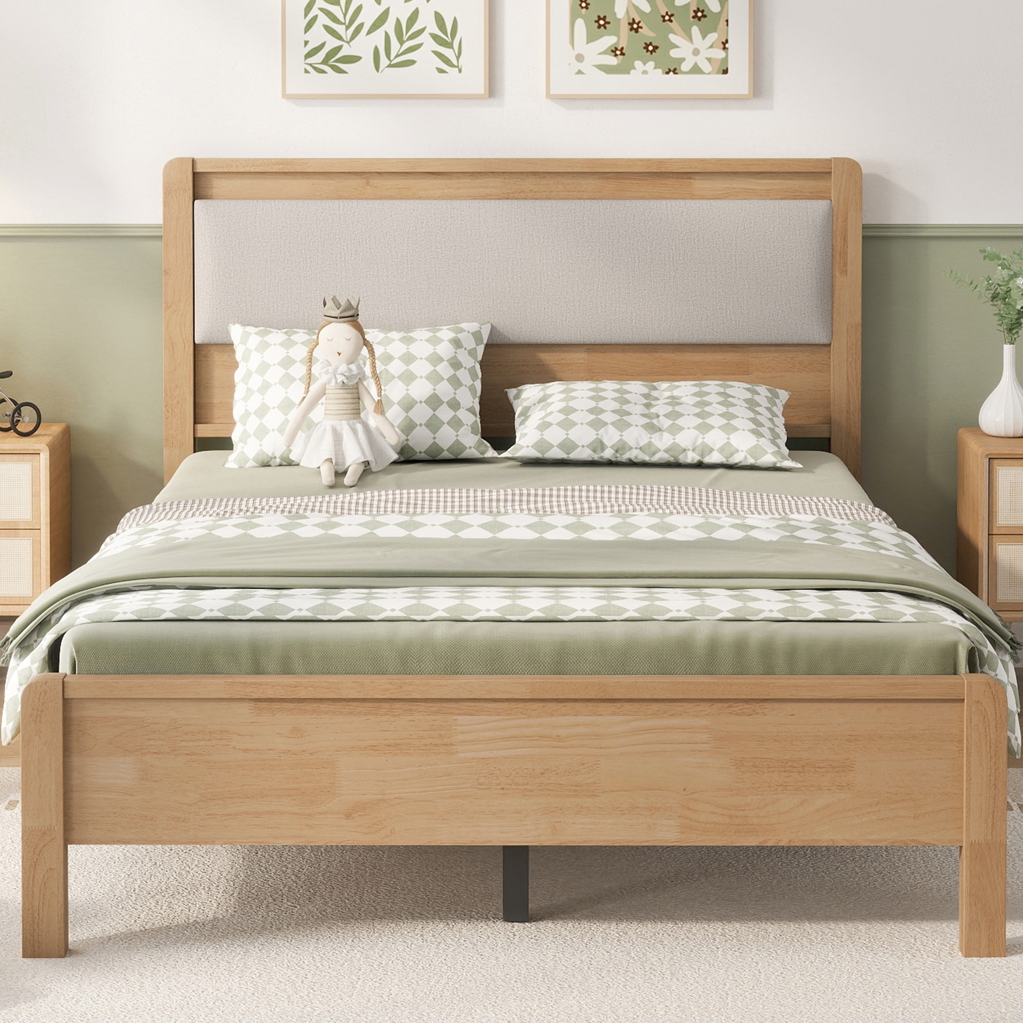 HOQBN Full Solid Rubberwood Bed Frame with Upholstered Headboard, Reinforced Central Support Legs for Bedroom Natural