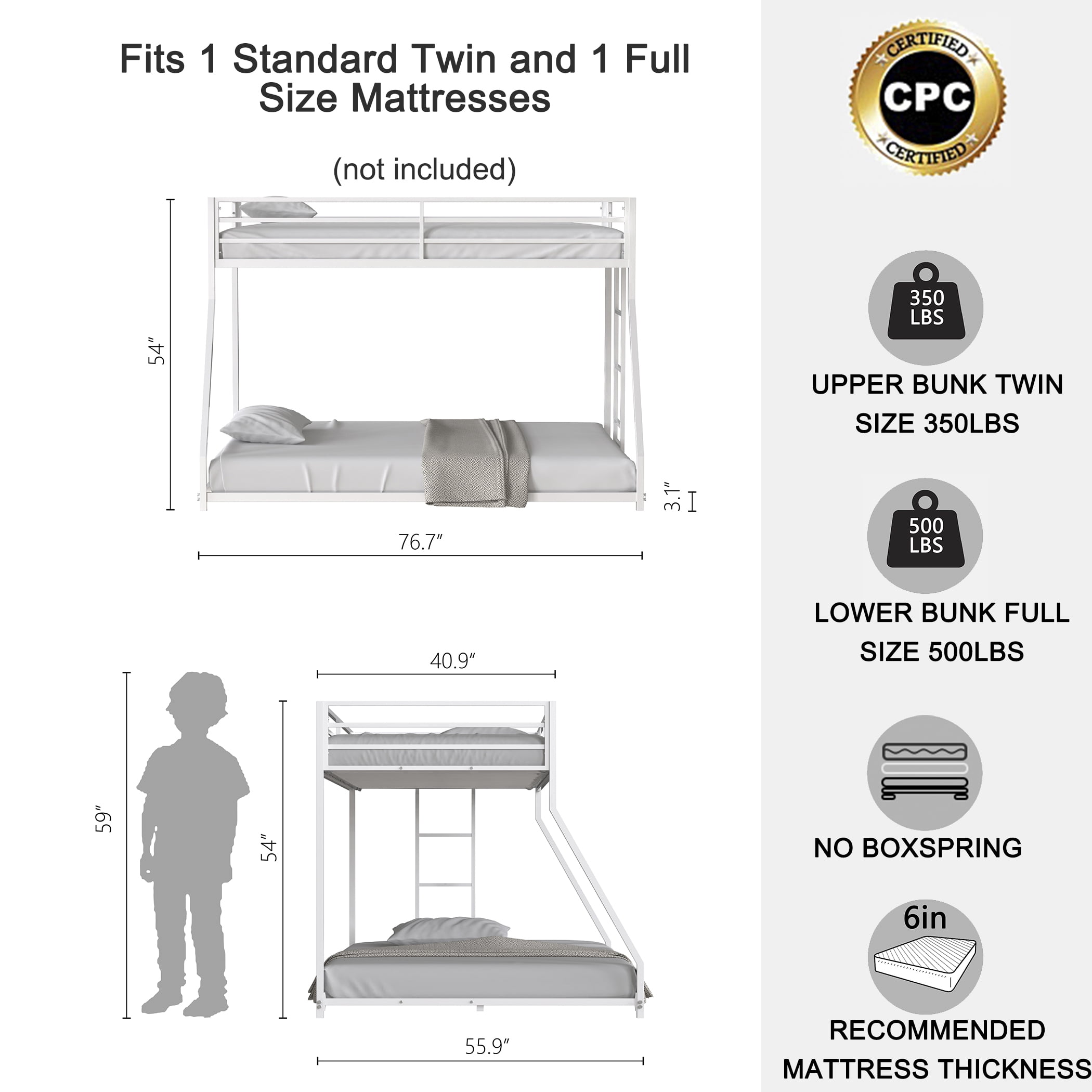 Leumius Twin over Full Size Metal Bunk Bed,with Ladder and Guardrail,Heavy Duty Metal Bed Frame,White