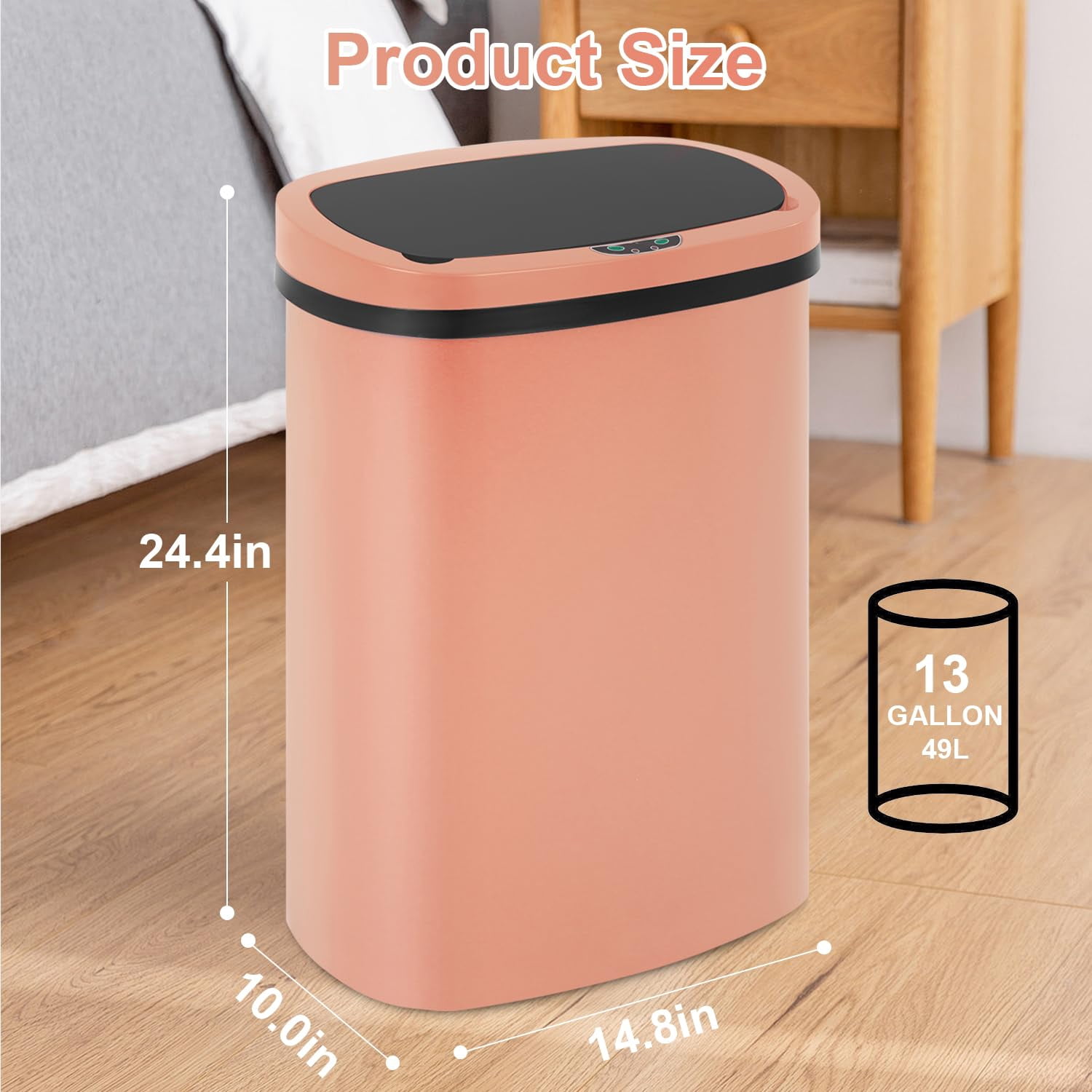 FDW 13Gal Touchless Trash Can - Auto Lid, High-Capacity for Kitchen/Office，(1, Pink)
