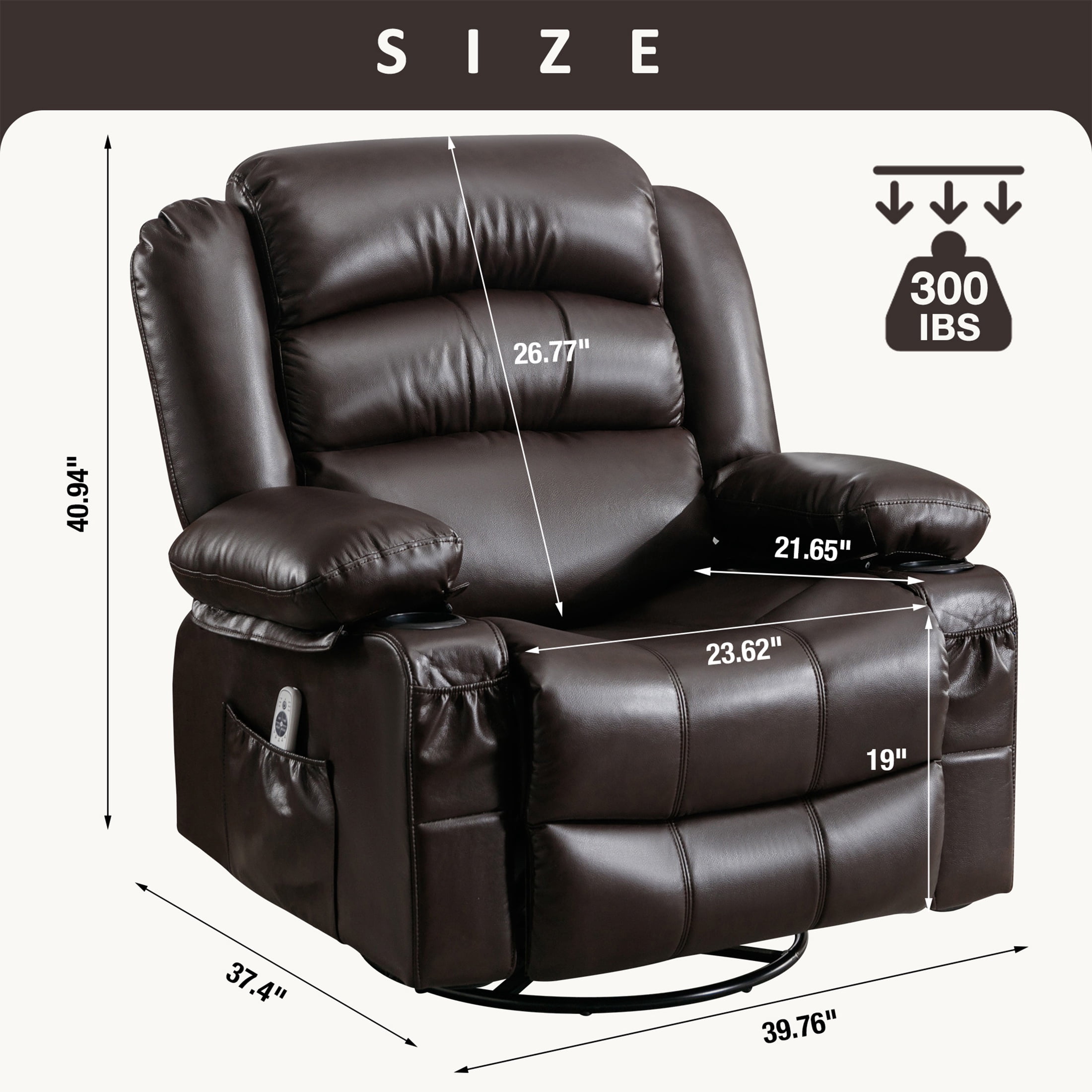 UHOMEPRO Massage Swivel Rocker Recliner Chair, PU Leather Rocking Sofa Home Recliner with Side Pockets Cup Holder and USB Charge Port, 360-degree Rotation, 30-degree Rocking, Brown