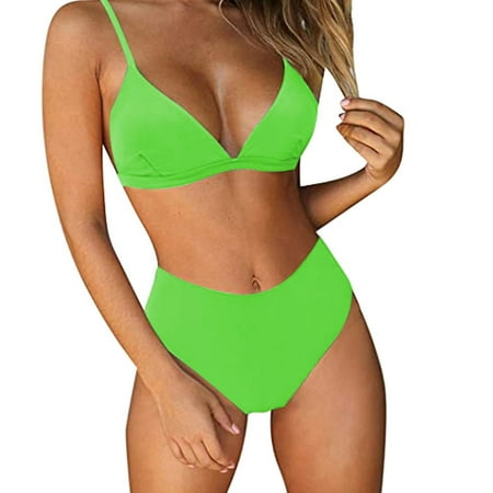 Sngxgn Women High Waisted Bikini Set Swimsuit Scoop Neck Cheeky Bathing Suit(Green L)