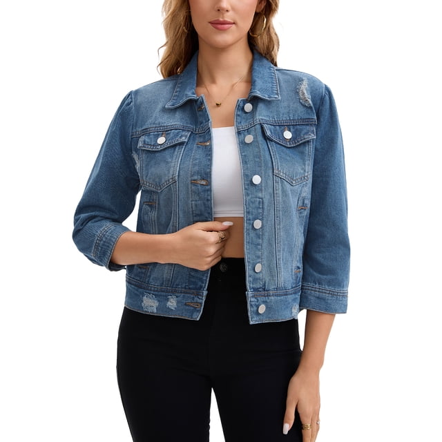 CHAQUETA DE MEZCLILLA PARA MUJER INSPIRADA EN CHIC, CUELLO PLANO, CON BOTONES, MANGA 3/4, LAVADA, CORTA, TALLA L, AZUL OSCURO