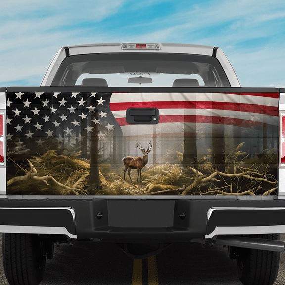 Lotusprinthandmade US Flag Deer Tailgate Wrap 2 Sizes 24"x58", Deer Tailgate Decal Sticker Wrap
