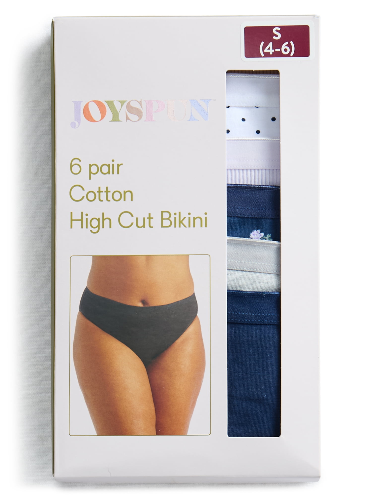 Joyspun Women's Cotton-Blend Hi-Cut Bikini Panties, 6-Pack, Sizes S-XXXL