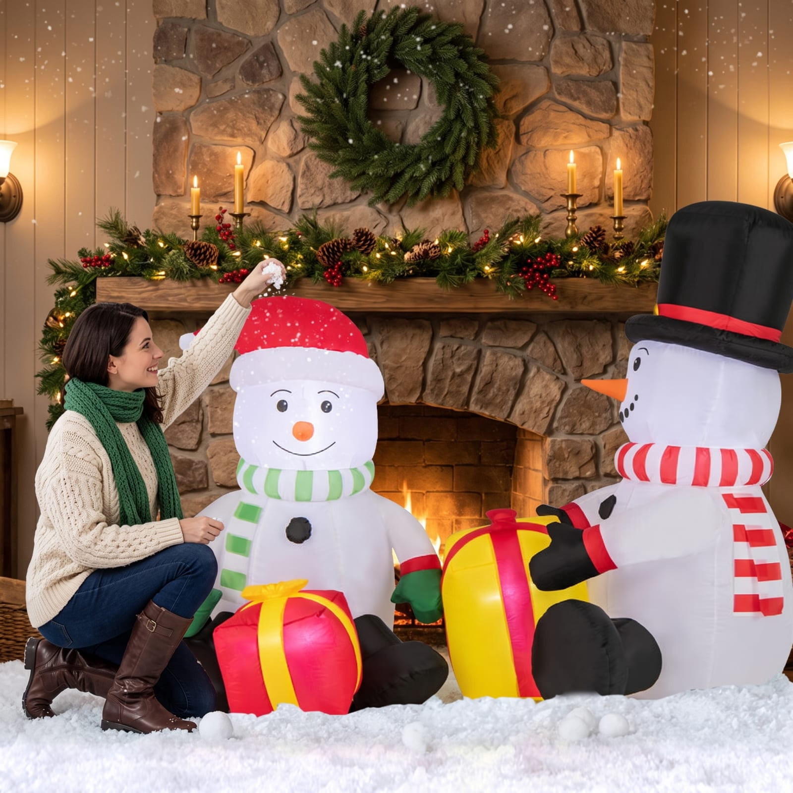 RUIE 5 FT Christmas Inflatables, 2 Blow Up Snowmen with Gift Boxes and LED Lights, Lighted Outdoor Yard Decorations for Lawn Garden - Multicolor