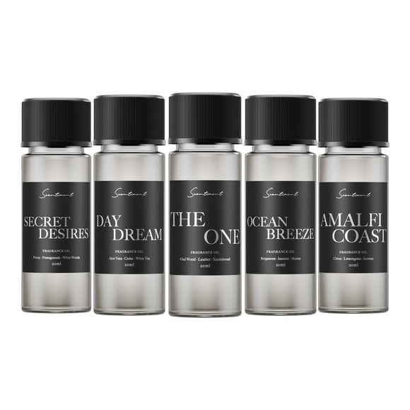 Aceite difusor de hotel | Fragancias de aromaterapia inspiradas en hoteles de 5 estrellas | Aromas lujosos con notas de cardamomo, cuero toscano y sándalo (20 ml, los 5 mejores aromas)