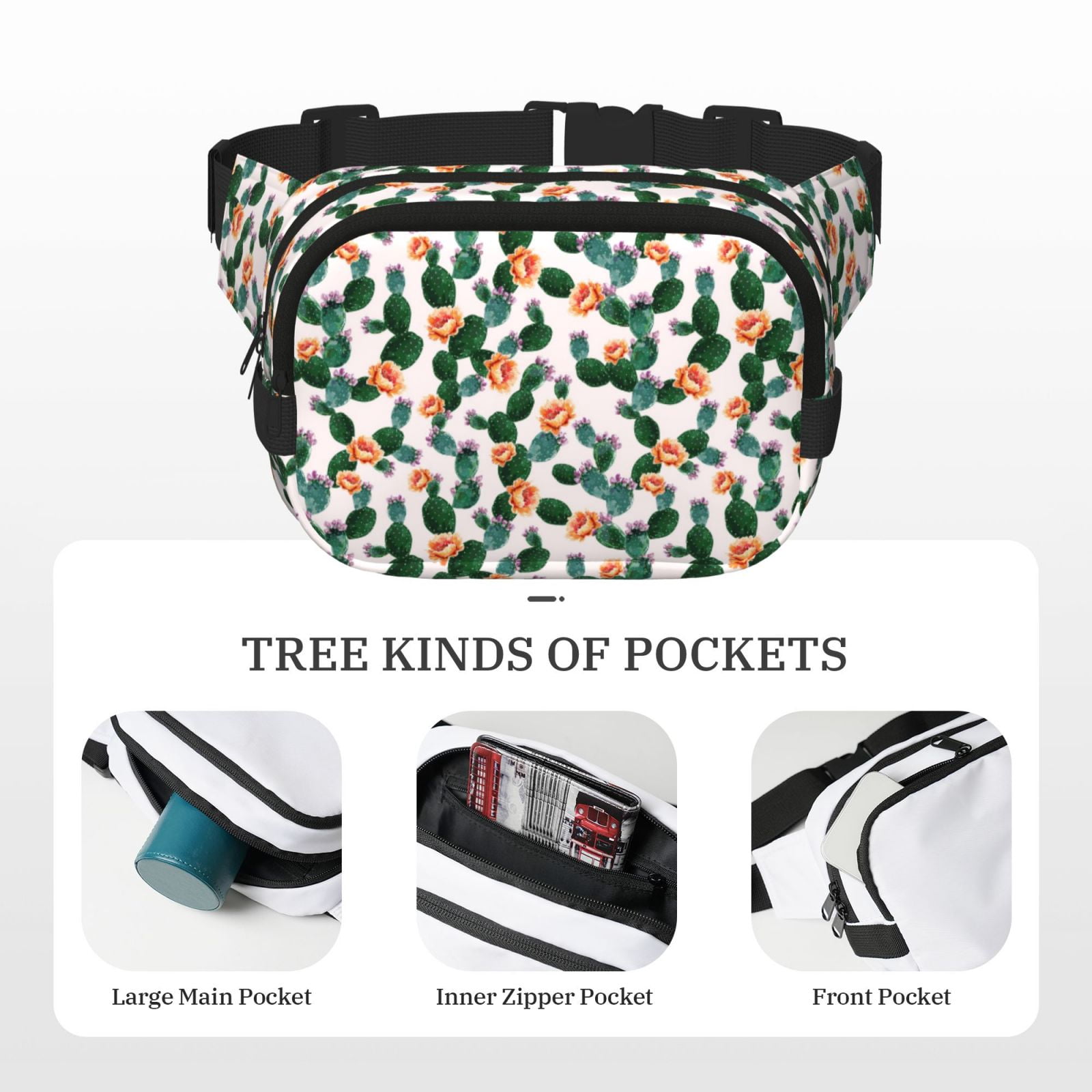 Picia Cactuses Print Square Double-Layer Waist Bag Mini Adjustable Waist Belt Bag Exercise Running Travel Hiking