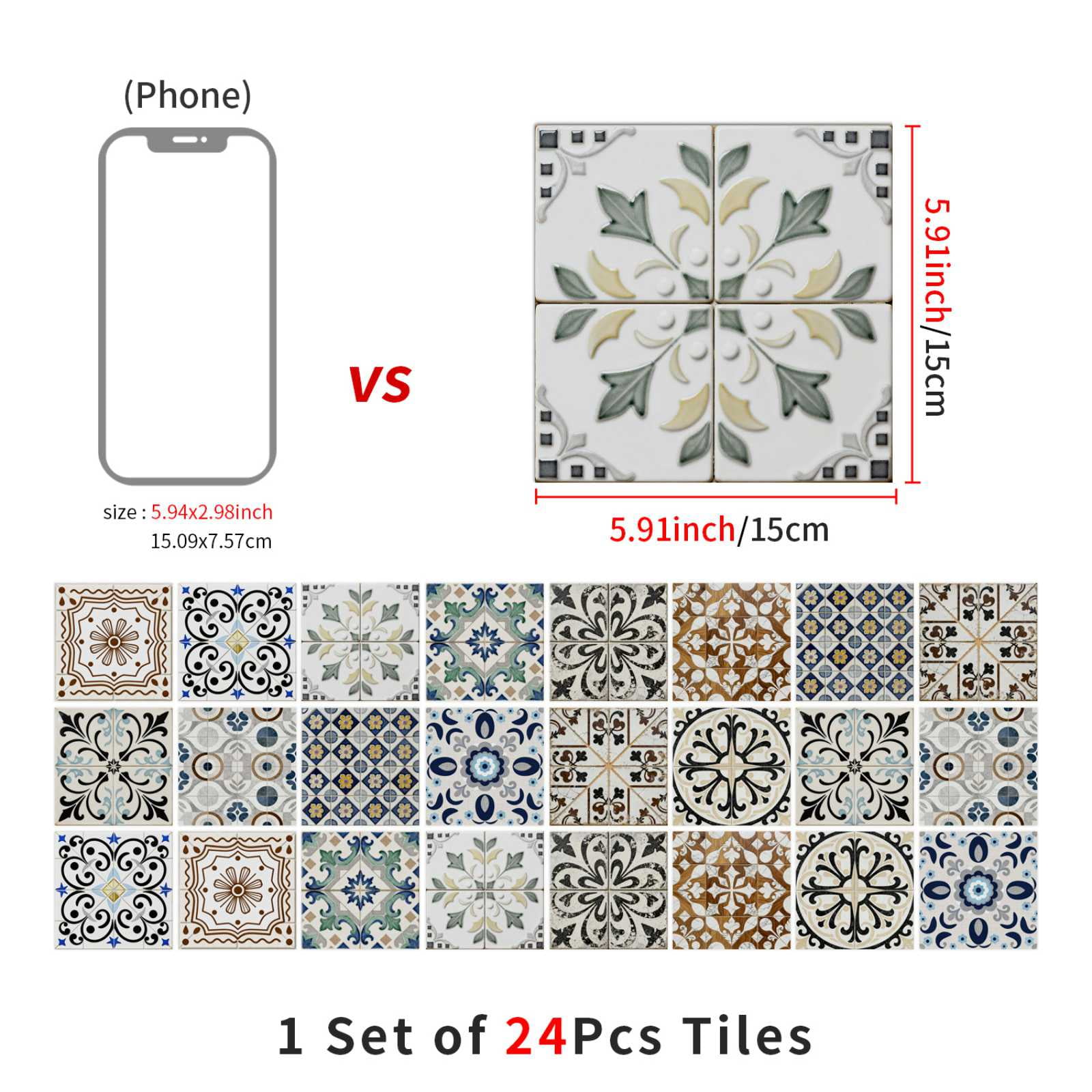 24PCS Mediterranean Style Peel and Stick Wall Tile Decals - 6"x6" Vintage Waterproof Vinyl Moroccan Bohemian Stickers for Kitchen Backsplash, Bathroom, Stair Riser Decor