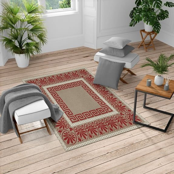 Greek Key Turkish Area Rug, Ancient Grecian Meandros Pattern Intricate Lines Floral Cultural Artwork, Soft Carpet for Living Room Decor with Distressed Look, 5.2' X 7.6', Red White, by Ambesonne