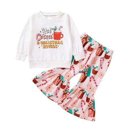 

Toddler Baby Girl Fall Winter Clothes Set Christmas Print Pullover Sweatshirt Top Bell Bottom Pants 2 Piece Outfits