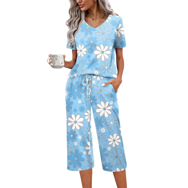 Conjunto de pijama Ekouaer de manga corta de algodón para mujer con pantalones capri
