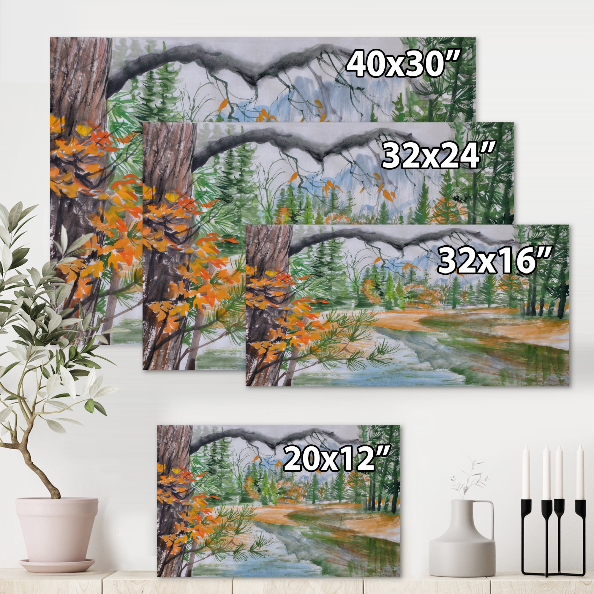 Designart ' Trees With River In Autumn Forest ' Lake House Canvas Wall Art Print
