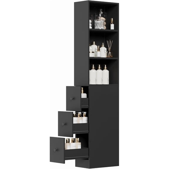 Tall Narrow Free Standing Bathroom Storage Cabinet with 3-Level Adjustable Shelves Home - Space Saver for Living Room Kitchen - Classic Black