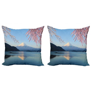 Ambesonne Mountain Throw Pillow Cover 2 Pack, Japan Mountain and Sakura, 20", Multicolor