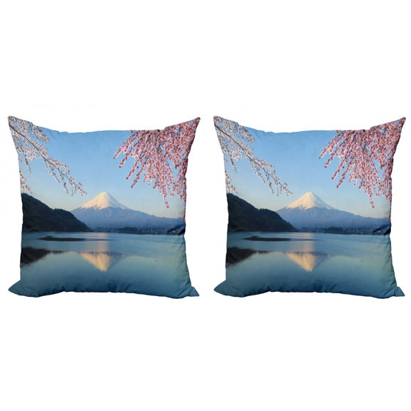 Ambesonne Mountain Throw Pillow Cover 2 Pack, Japan Mountain and Sakura, 20", Multicolor
