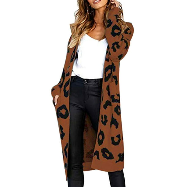 Women Open Front Long Knitted Cardigan Outerwear Leopard Printed