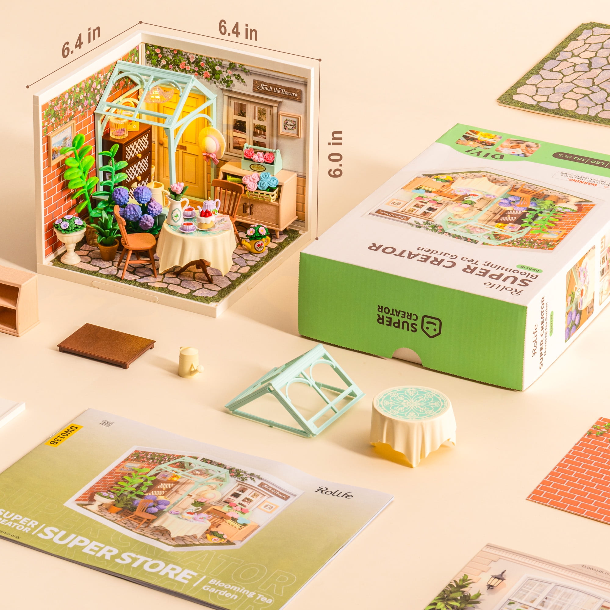 ROBOTIME Super Creator DIY Miniature Dollhouse Kit-Blooming Tea Garden,Plastic Tiny House Building Set Craft Kits,Gifts for Teens Adults