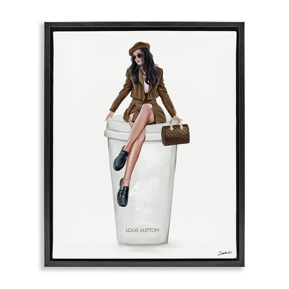 Stupell Industries Lovely Lady on Coffee Cup People Painting Black Floater Framed Canvas Art Print Wall Art, 17 x 21