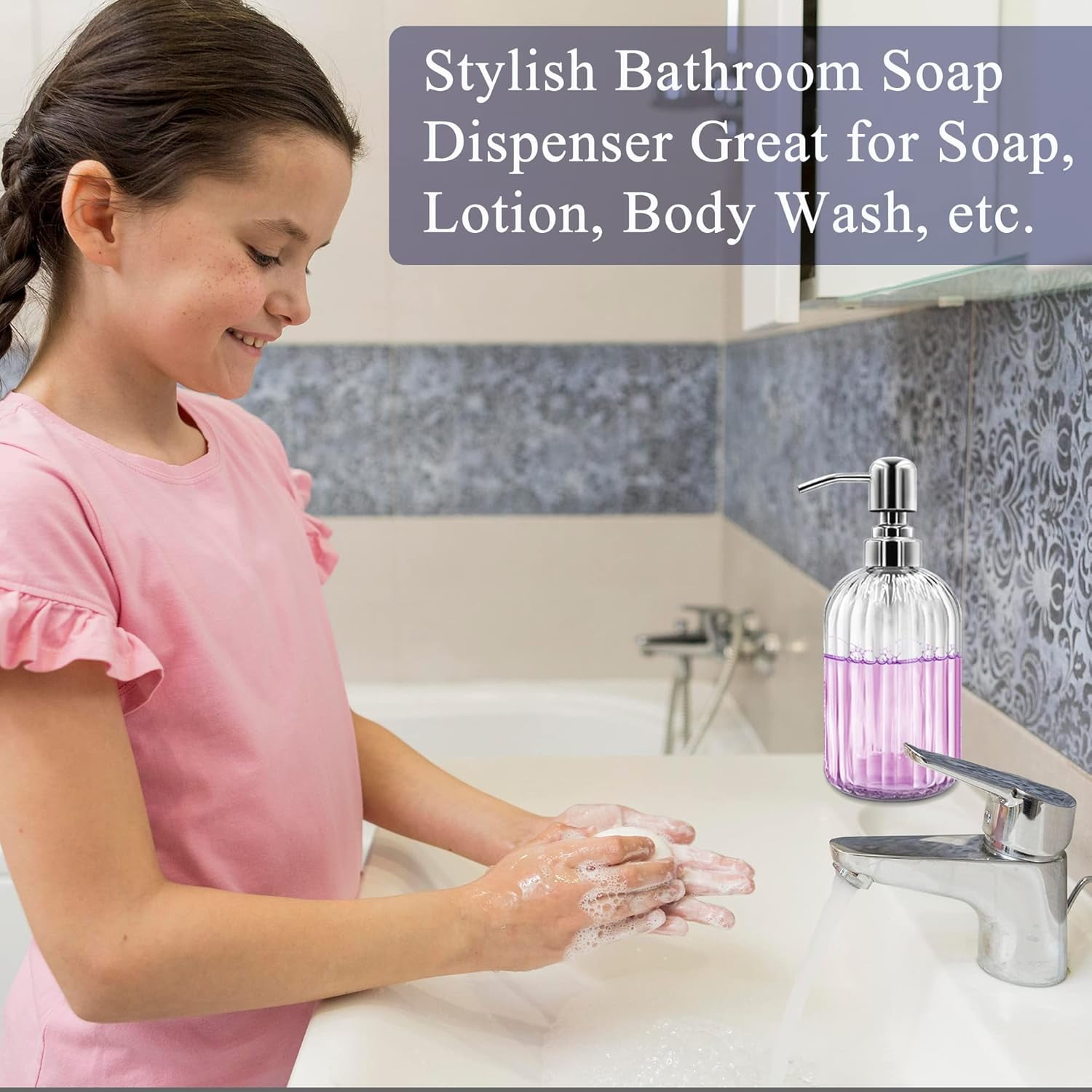 Elegant Stylish Art Soap Dispenser, Clear Glass With Rust Proof Stainless Steel  , Fits Any Soap For Kitchen And Bathroom, Gorgeous Design Refillable Liquid Soap, 14 Oz