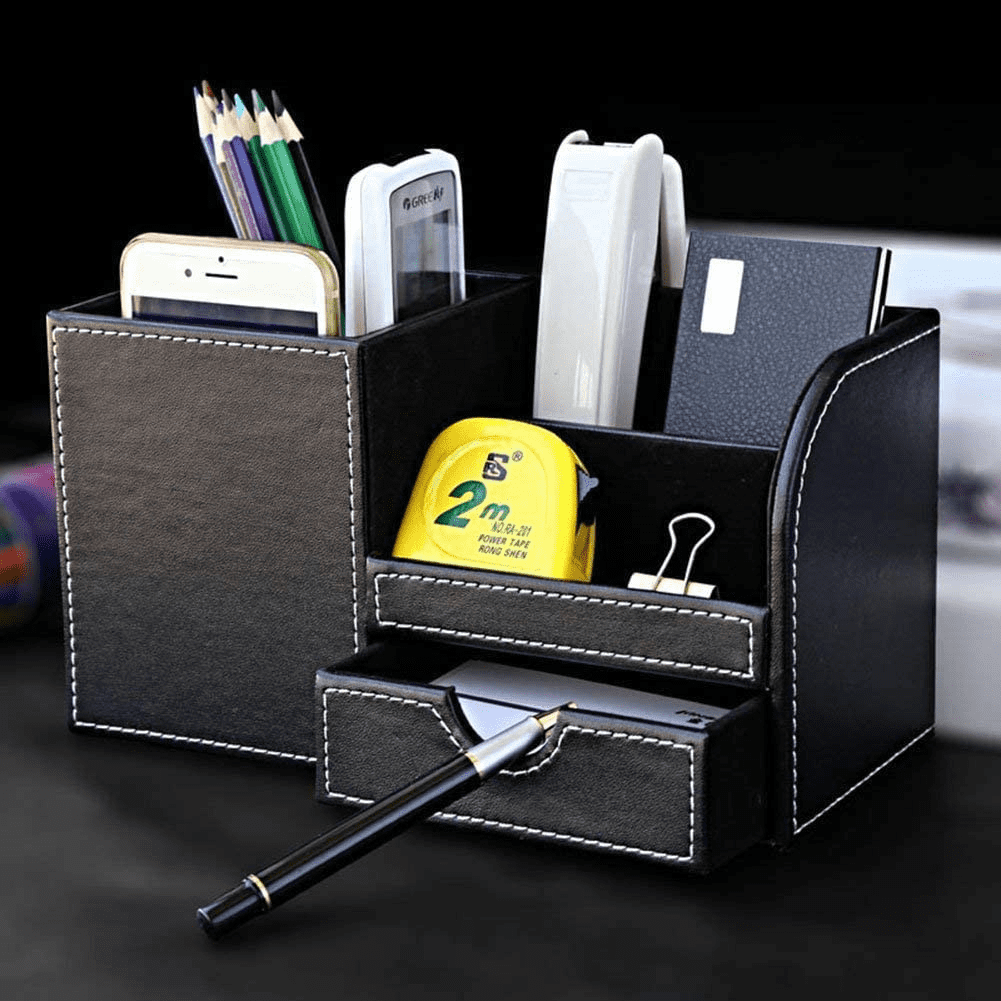 KINGFOM Desktop Organizer, Leather Pen Holder Pen Container School ...