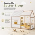 thumbnail image 3 of Miniyam Montessori Floor Bed with Roof and Guardrails, Kids House Bed Frame with LED Lights and Bookshelf, Natural Wood & White, 3 of 8