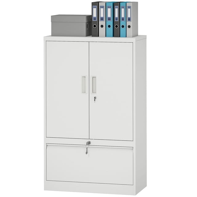 White Metal Filing Cabinet with Adjustable Shelf & Double Locks - 31.5" x 15.7" Garage Storage Cabinet for Home Office, File Storage & Secure Document Organization
