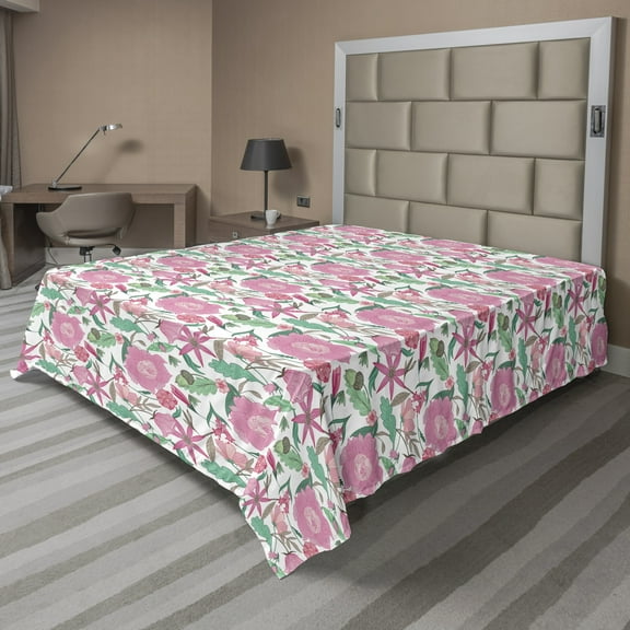 Ambesonne Floral Flat Sheet, Romantic Bloom Peony Rose, Queen Size, Pink and Jade Green