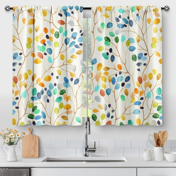 Colorful Leaves Kitchen Curtains - Floral Spring Botanical Tier Cafe Curtains Farmhouse Country Small Window Curtains for Bathroom Living RV Rod Pocket Window Drapes 36 Inch 2 Panels Set 28 "x36"