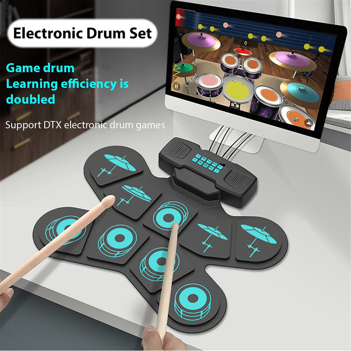 TOP! Electronic Drum Set Hand Roll 9 Pads Dual Speaker Rechargeable Practice Pad Kit with Drumsticks Foot Pedal