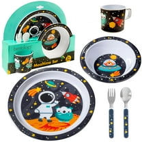 Bentology 5 Pc Mealtime Feeding Set for Kids and Toddlers - Space - Includes Plate, Bowl, Cup, Fork and Spoon Utensil Flatware - Durable, Dishwasher Safe, BPA Free