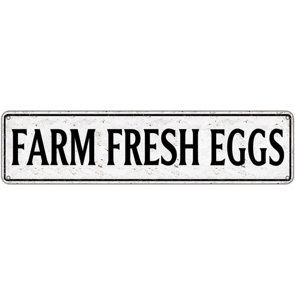 Farm Fresh Eggs Metal Sign, Vintage White Rustic Aluminum Plaque, Chicken Coop Kitchen Decor, Farmhouse Wall Art Gift for Home 4x16 Inch