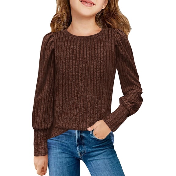 een Girls Puff Knit Sweater Shirts Kids Elastic Cuff Ribbed Long Sleeve Blouse Elegant Cute Fashion Solid Stripe Crop Tops