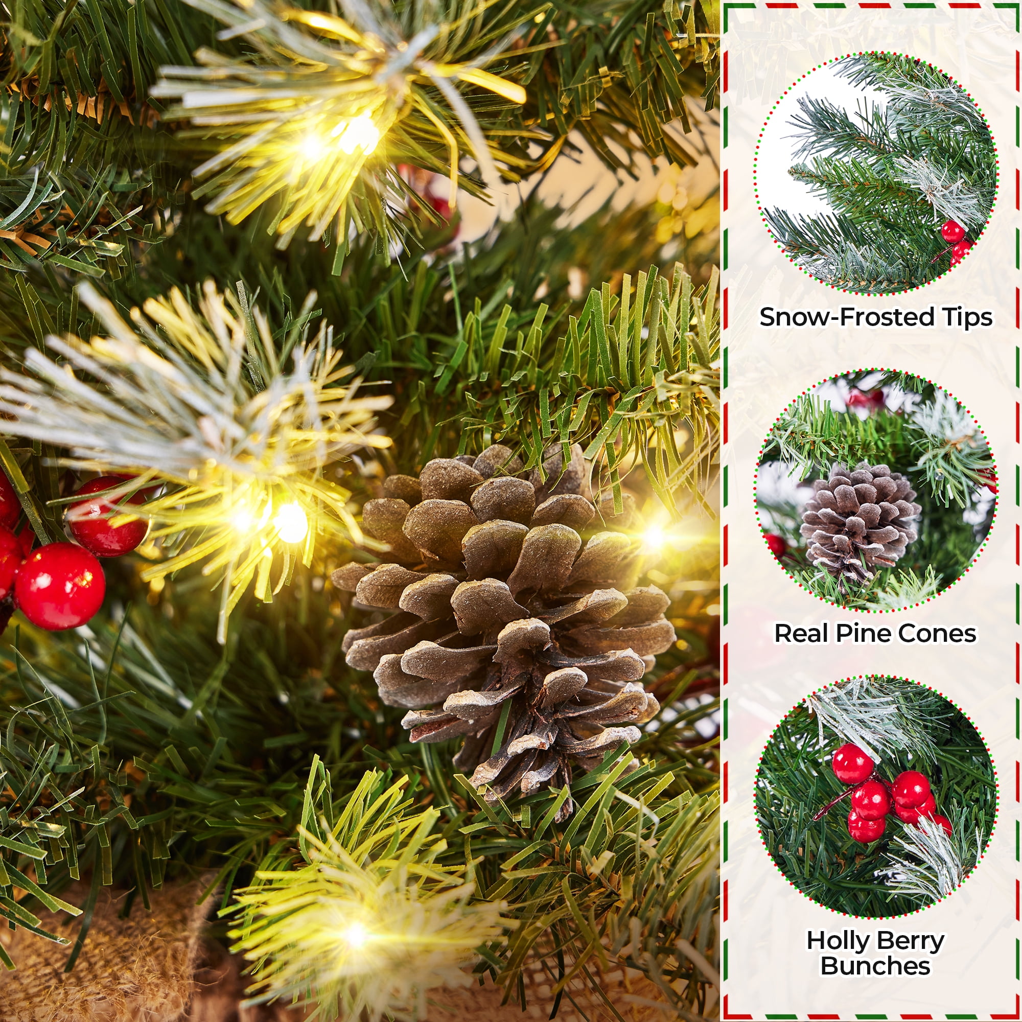 Alden Design Set of 2 2FT Frosted Tabletop Christmas Trees with Warm White LED Lights, Pinecones & Berries, Green