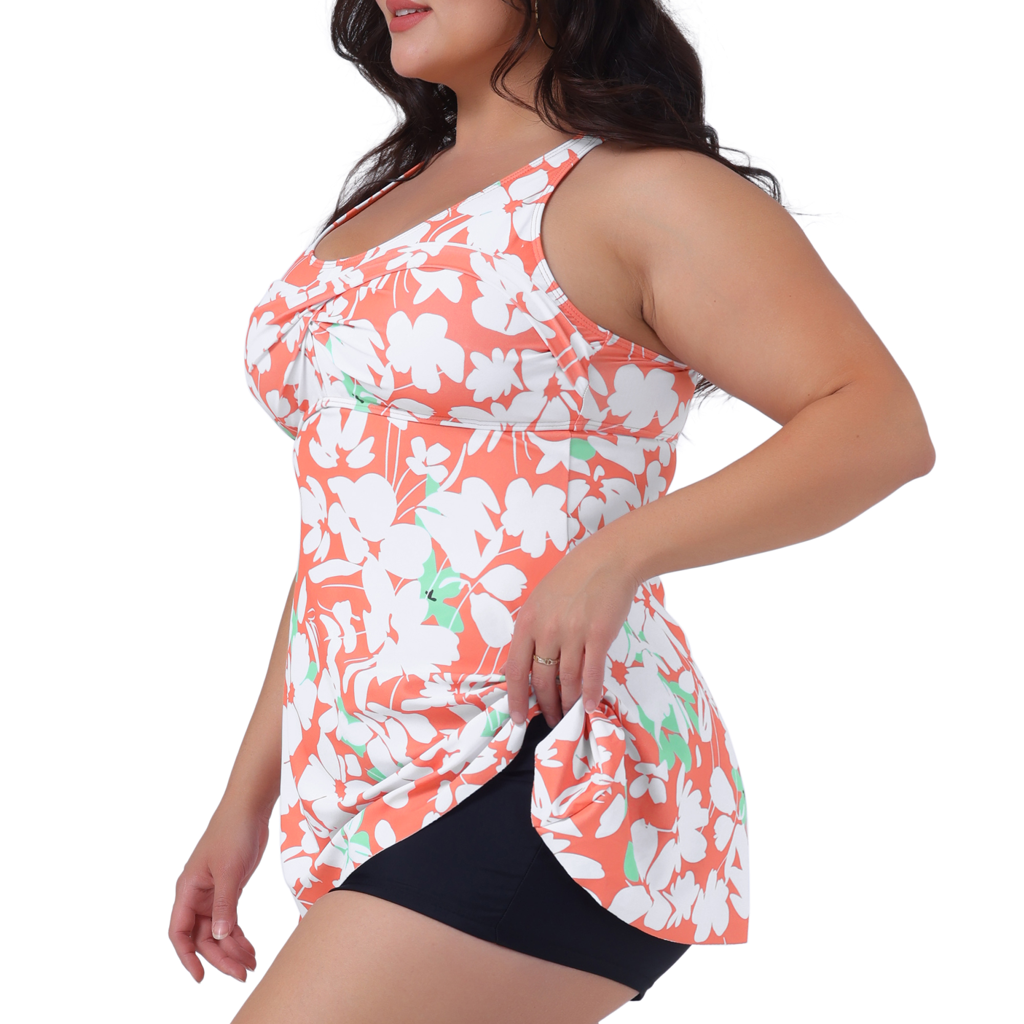 DARING DIVA Plus Size Women 2 Pieces V Neck Floral Tops with Shorts L Orange